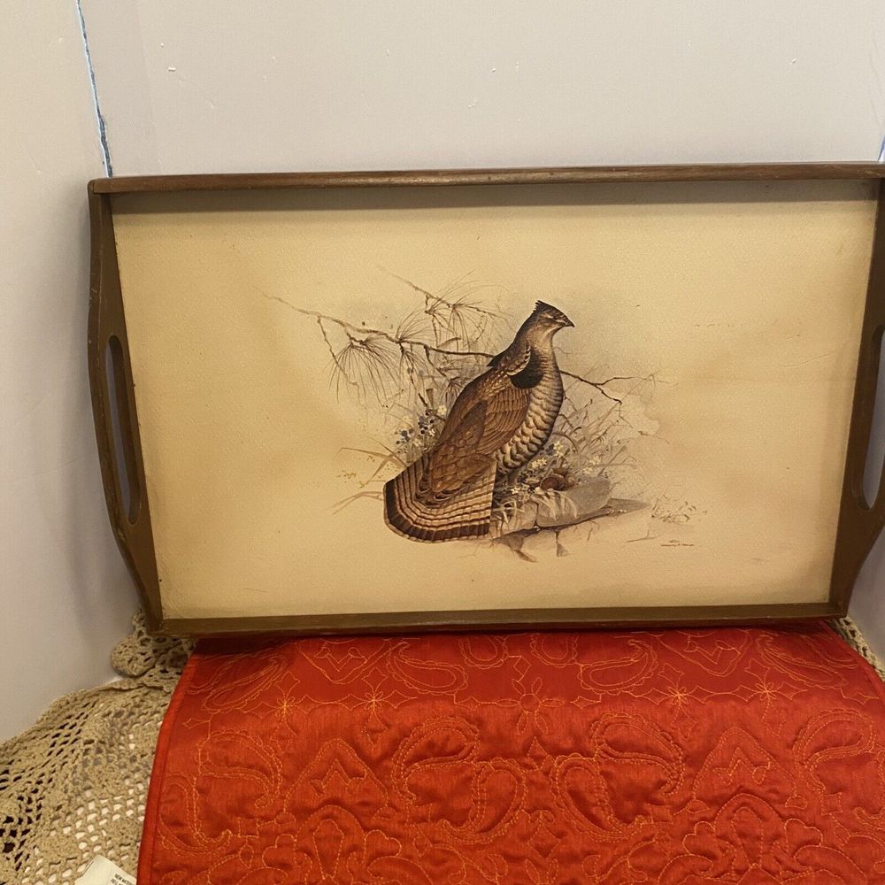 Large Vintage Wood Serving Tray Pheasant Grouse Nature Scene Wooden 19" x 12" - Picture 9 of 9